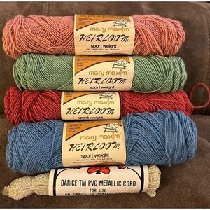 4 Skeins Mary Maxim Heirloom Sport Weight Nylon Acrylic 2 oz & Metallic‎ Cord